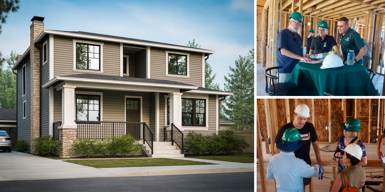 Modern two-story home under construction alongside images of construction professionals and homeowners reviewing plans and discussing progress inside a framed residential building site.